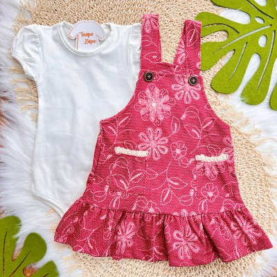 Conj. Body Manga Curta e Salopete Floral - Vermelho e Off White 